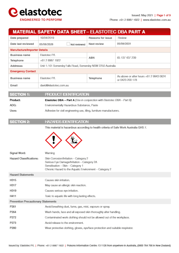 Elastotec MSDS DB Adhesive (Part A) 082026 thumbnail
