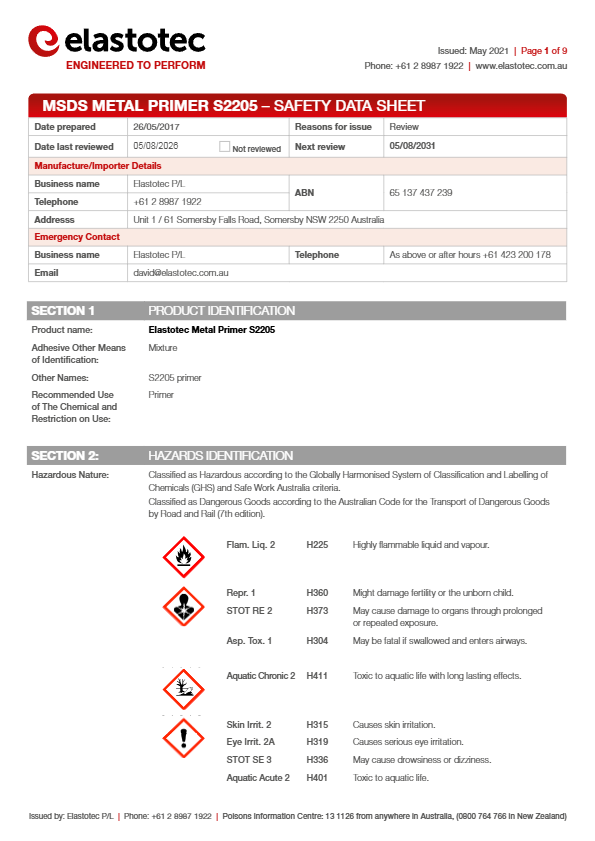 Elastotec MSDS Metal Primer 2205 082026 thumbnail